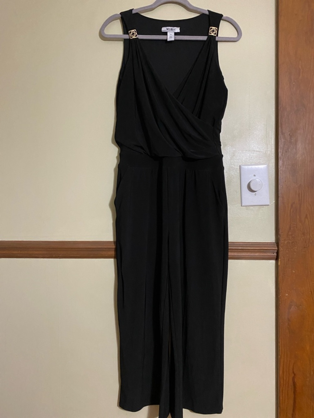 White House Black Market Black Sleeveless Wrap-Front Jumpsuit with Gold Accents